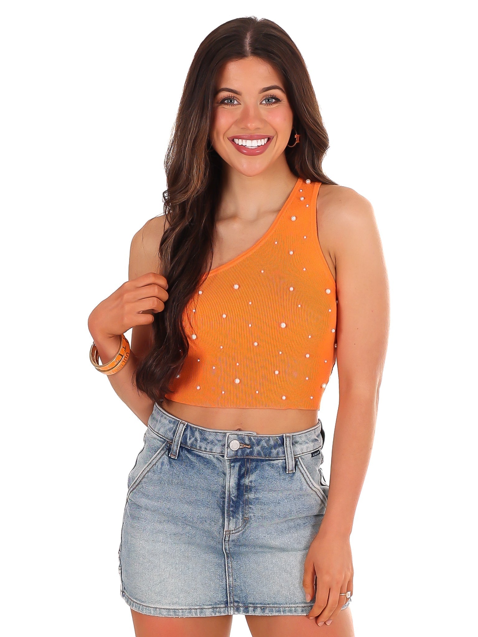 Through the T One Shoulder Pearl Crop Top
