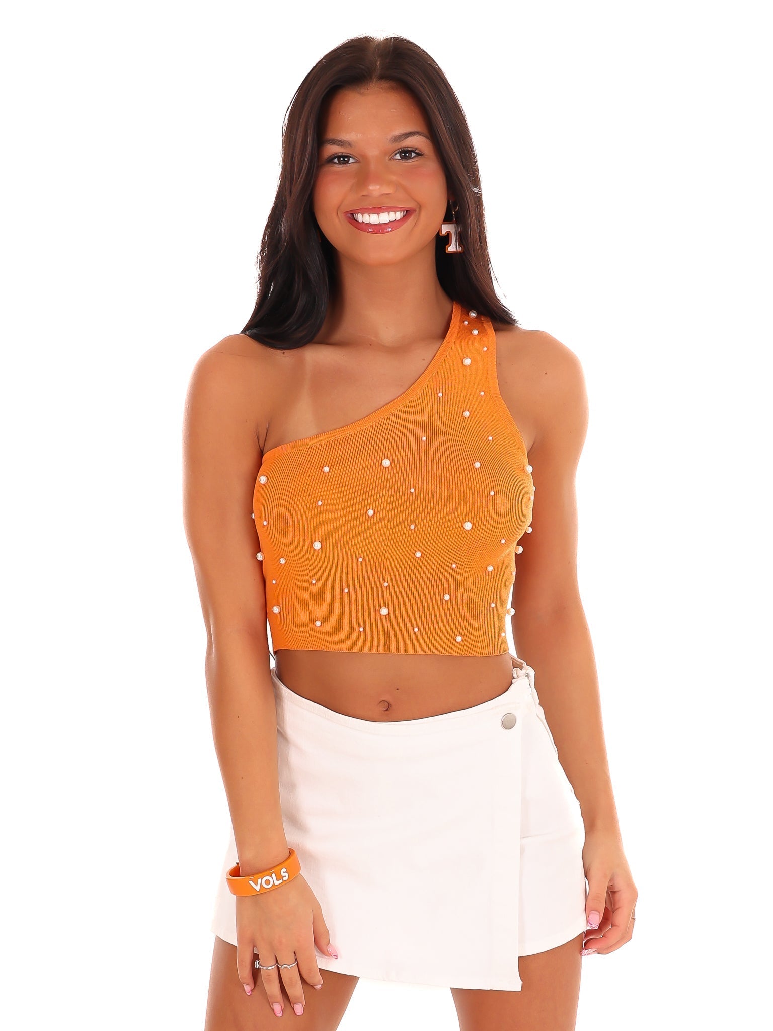 Through the T One Shoulder Pearl Crop Top