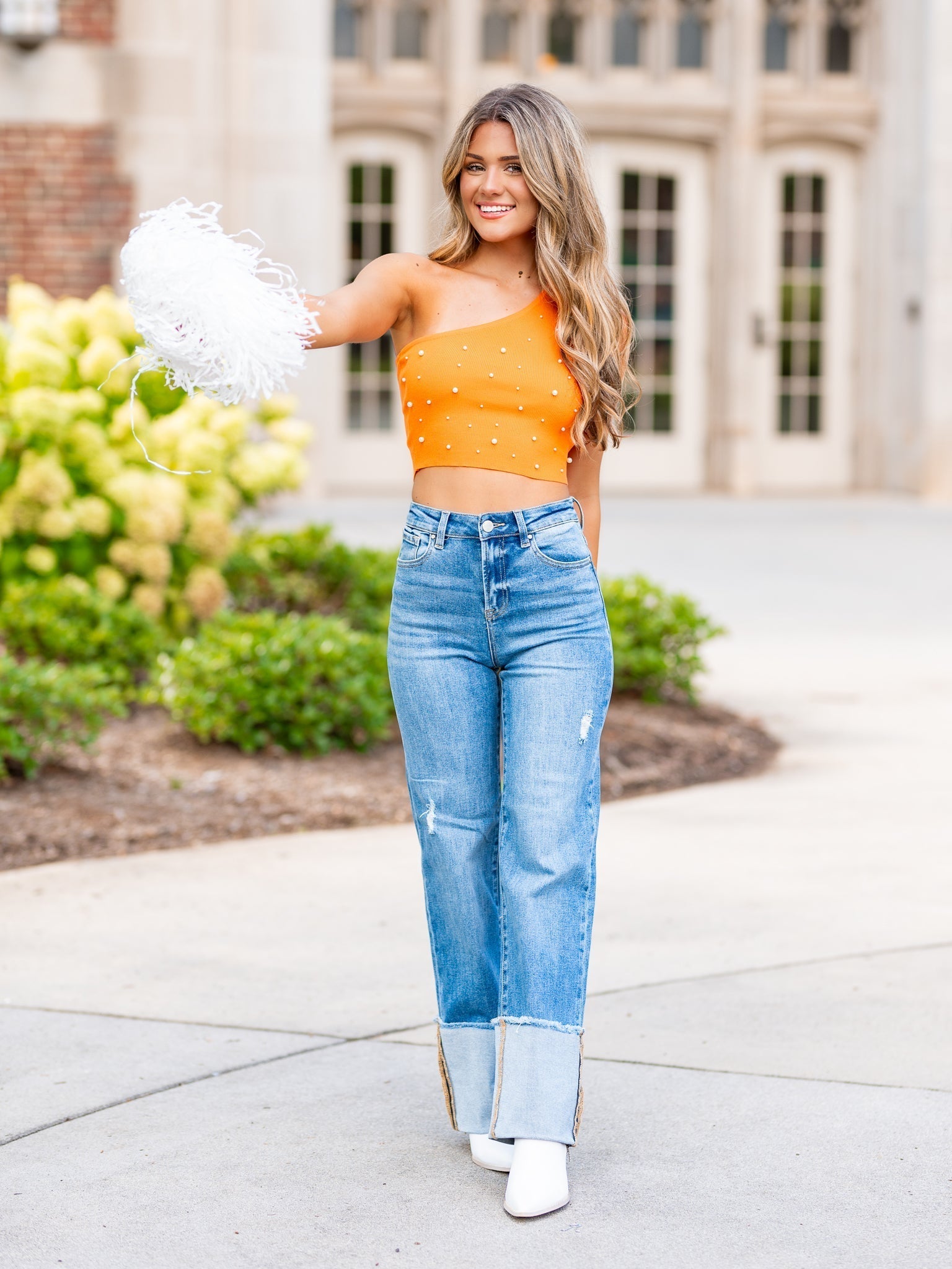 Through the T One Shoulder Pearl Crop Top