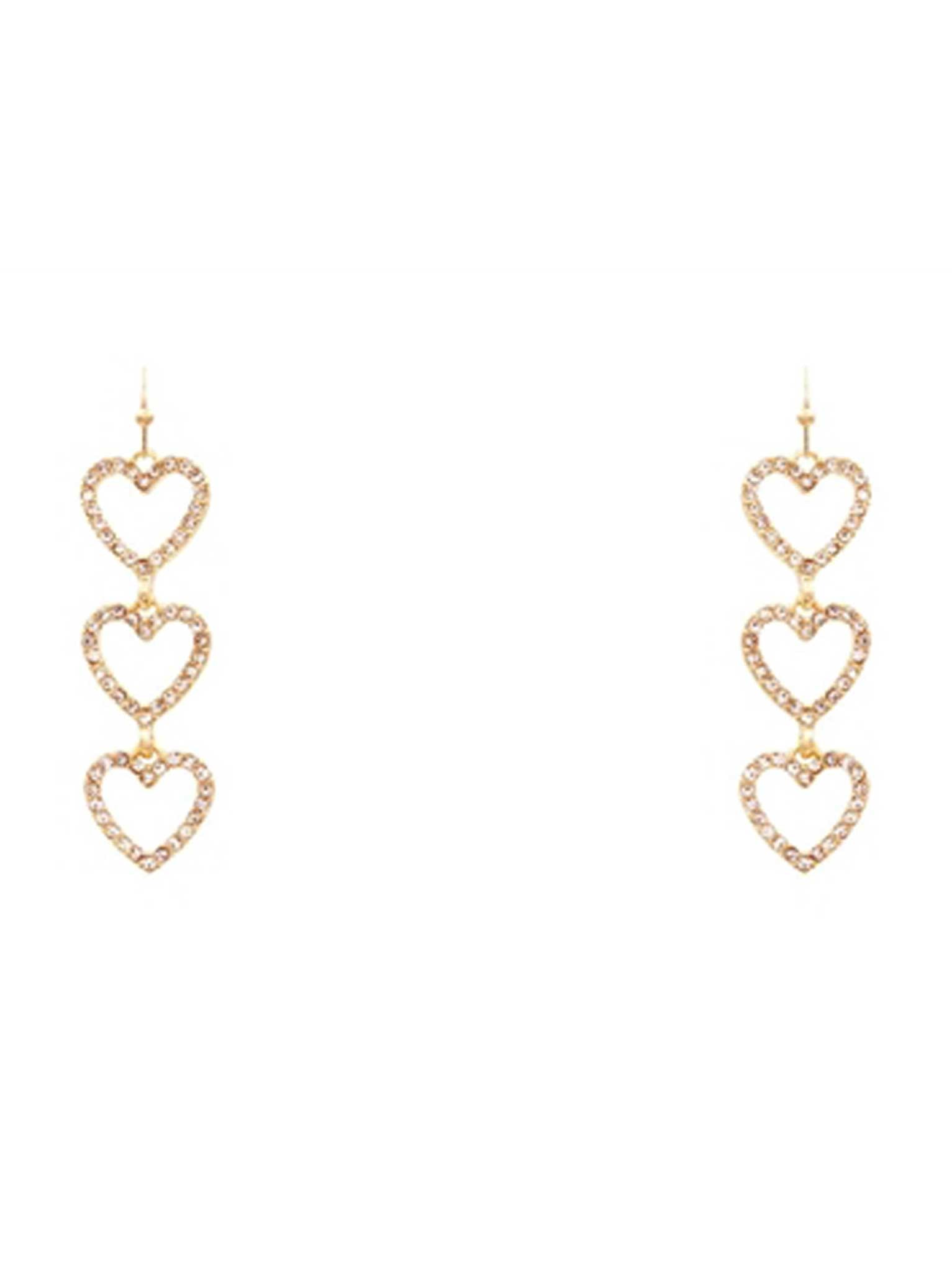 Triple Drop Gold Rhinestone Heart Earrings