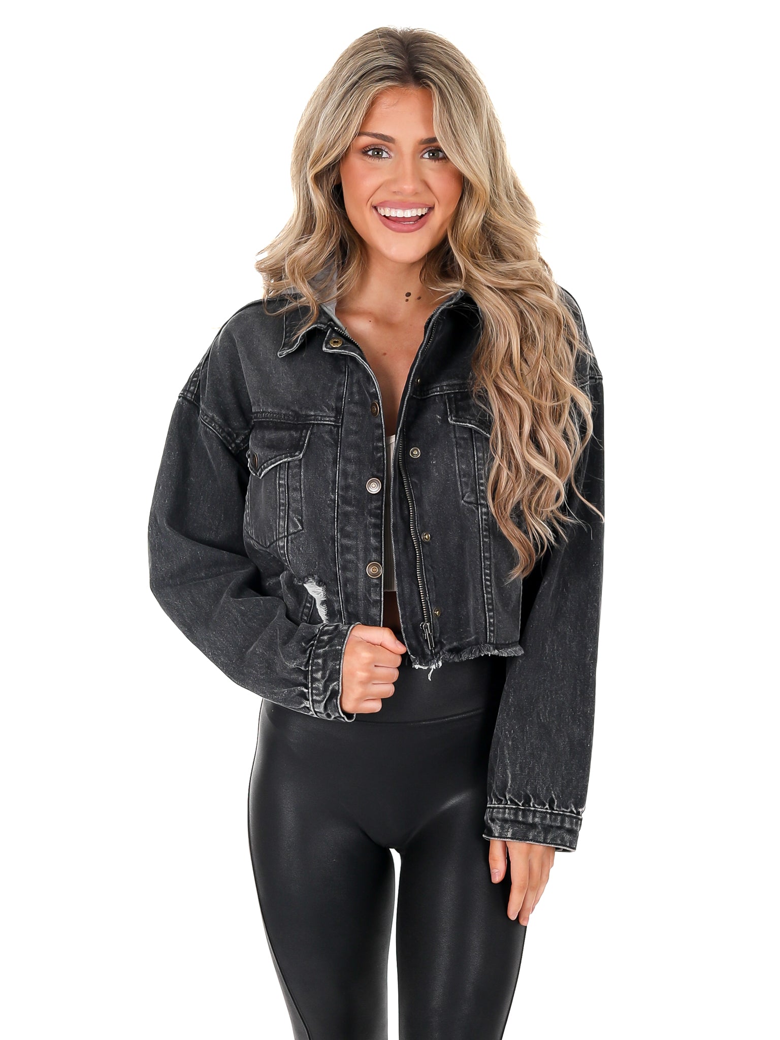 White Tri-Star Black Cropped Denim Hoodie Jacket