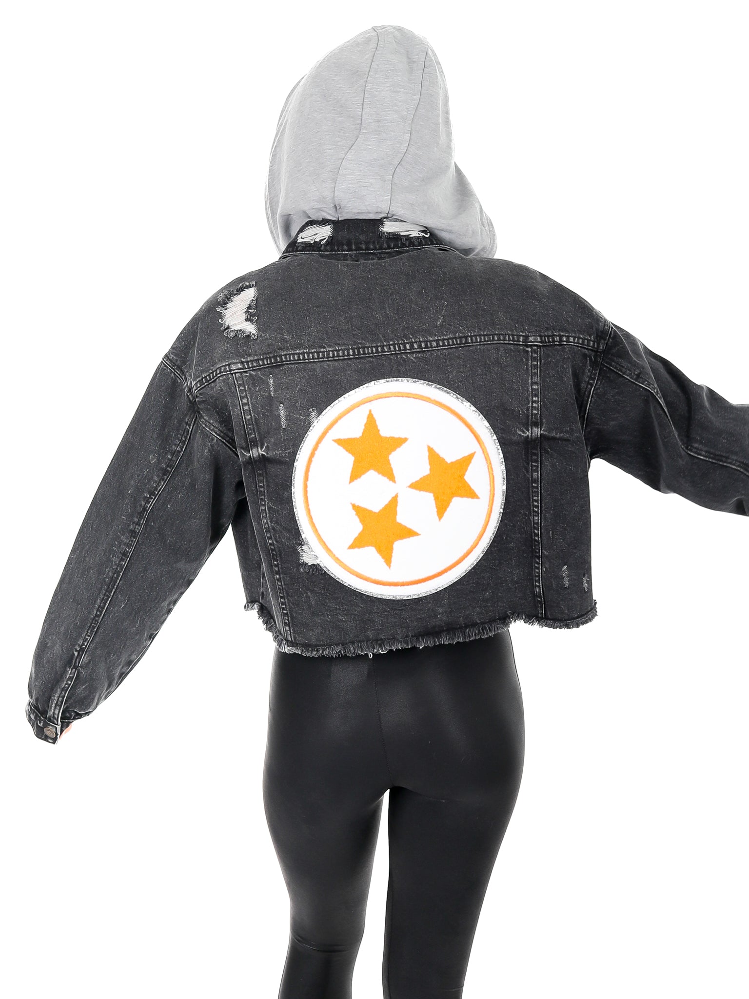 White Tri-Star Black Cropped Denim Hoodie Jacket