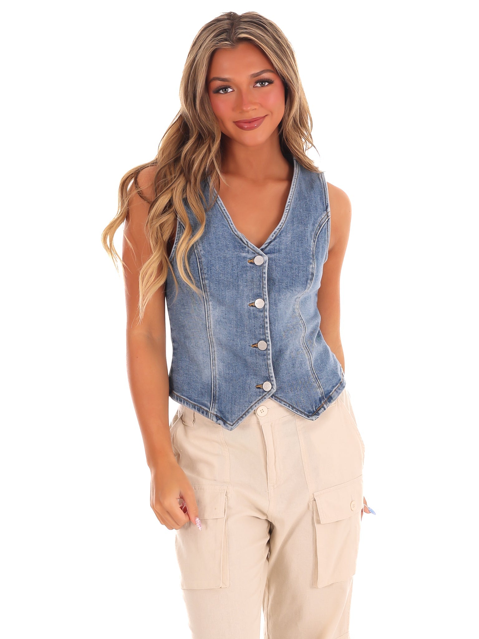 V-Neck Button Down Denim Vest