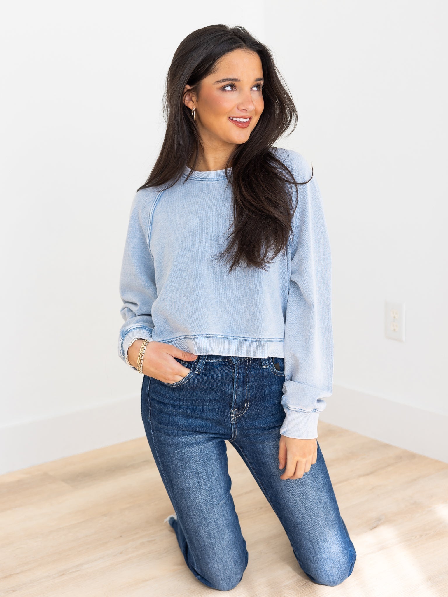 Z Supply Crop Out Knit Denim Sweatshirt